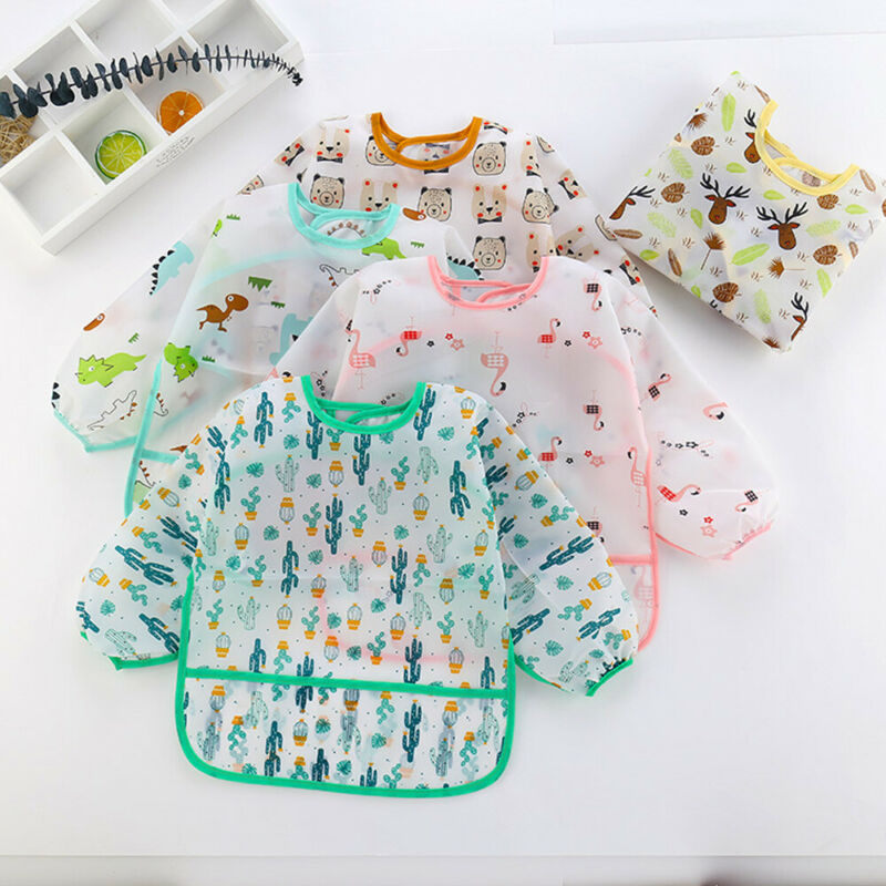 Waterproof Long Sleeve Art Smock Feeding Bib Apron For Kids 0-6 Years